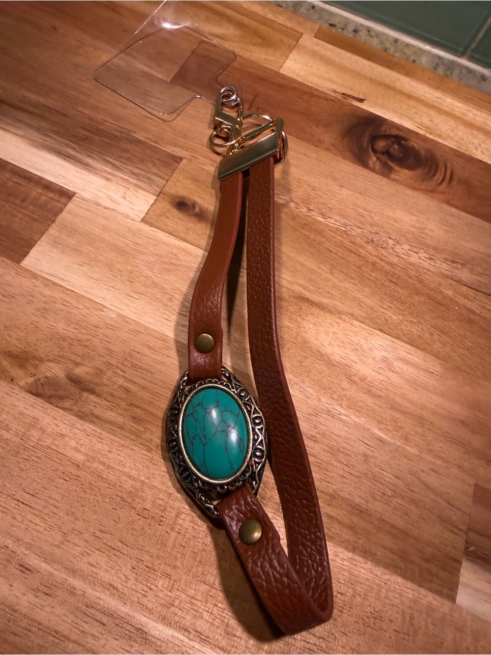 Brown Leather Strap w Turquoise Stone for bag charm or keychain or phone charm